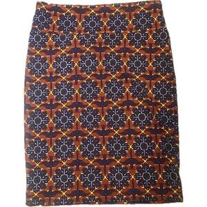 LuLaRoe Cassie pencil skirt floral bird design size Large blue and orange